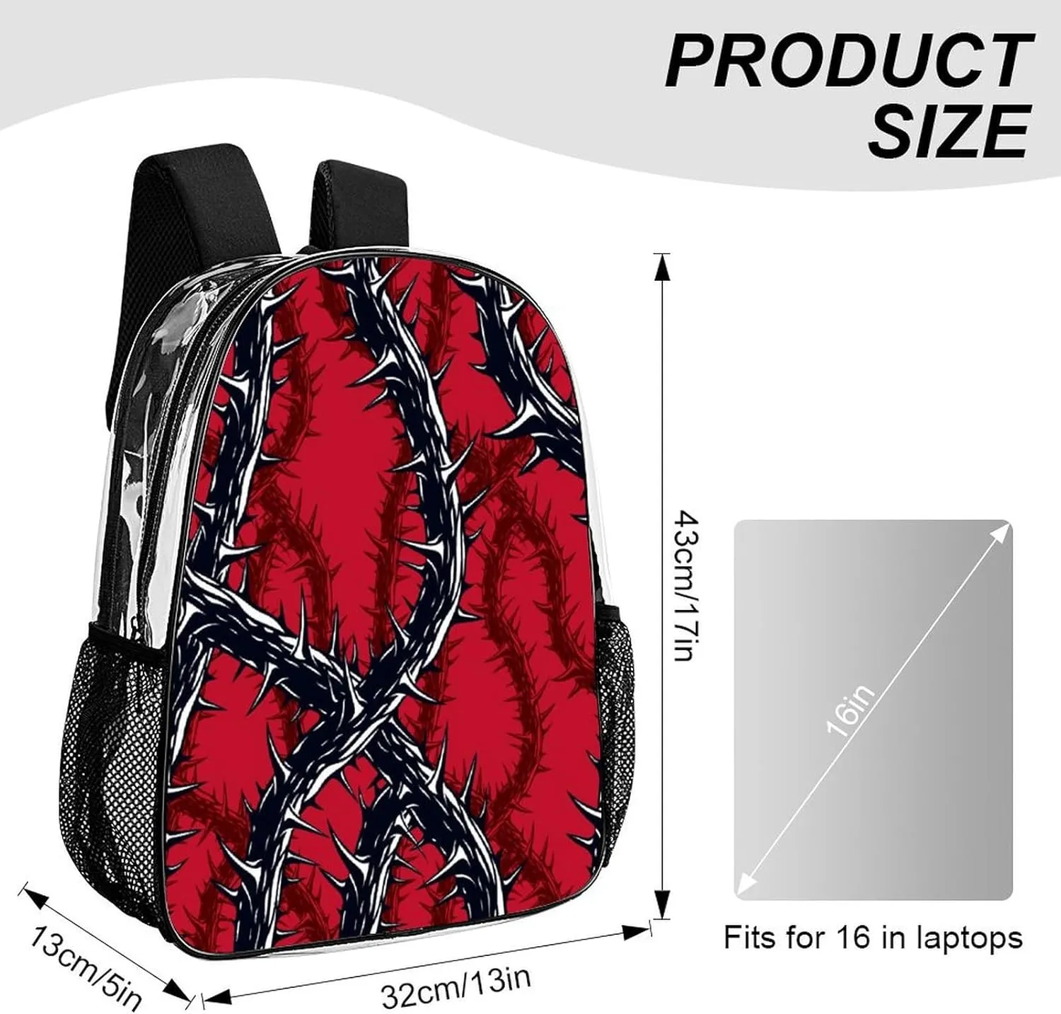 Horror Blackthorn Branches Thorns Clear Backpack PVC Water Resistant Hiking Business Travel Transparent Durable Daypack for Women Men 43x32x13cm