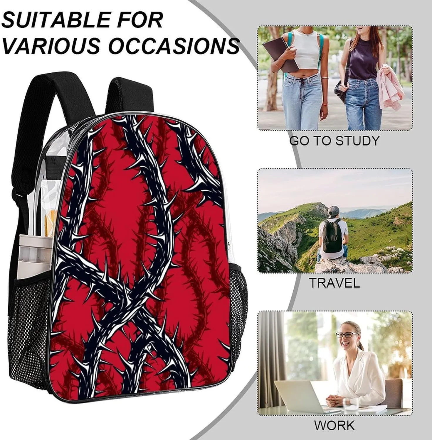 Horror Blackthorn Branches Thorns Clear Backpack PVC Water Resistant Hiking Business Travel Transparent Durable Daypack for Women Men 43x32x13cm