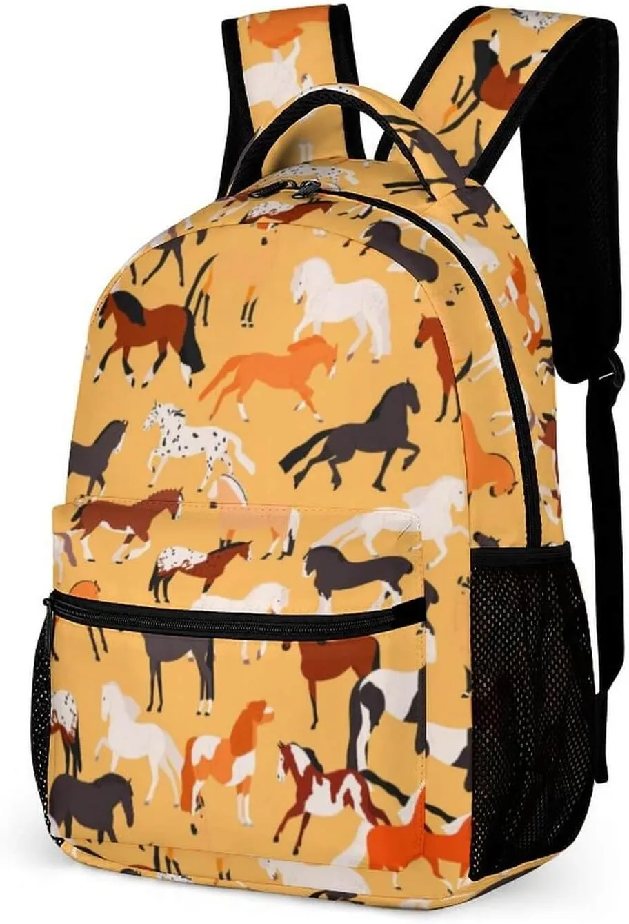 Horse School Backpack for Kids Girls Boys, 16 Inch Cute Horses Themed Bookbag, Personality School Backpack for Students Children, Lightweight, Large Capacity