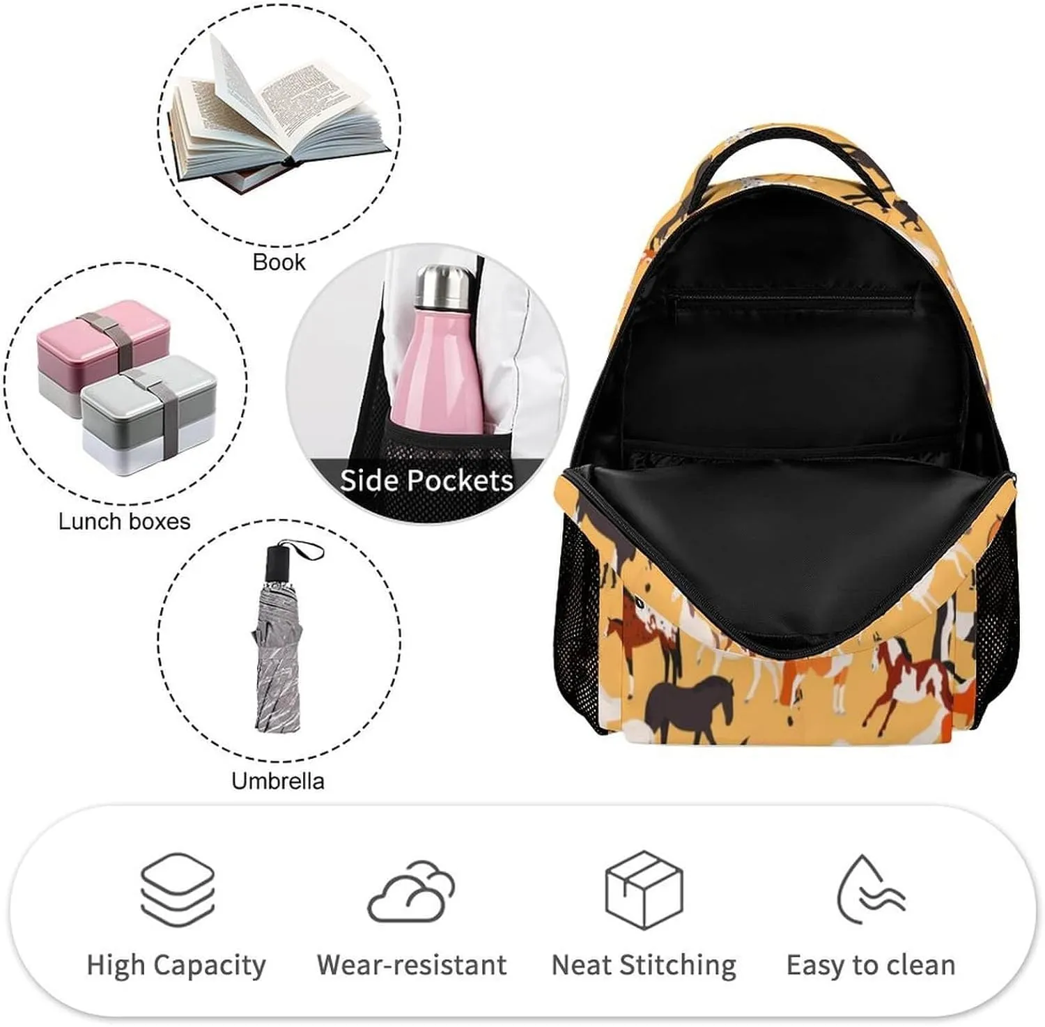 Horse School Backpack for Kids Girls Boys, 16 Inch Cute Horses Themed Bookbag, Personality School Backpack for Students Children, Lightweight, Large Capacity