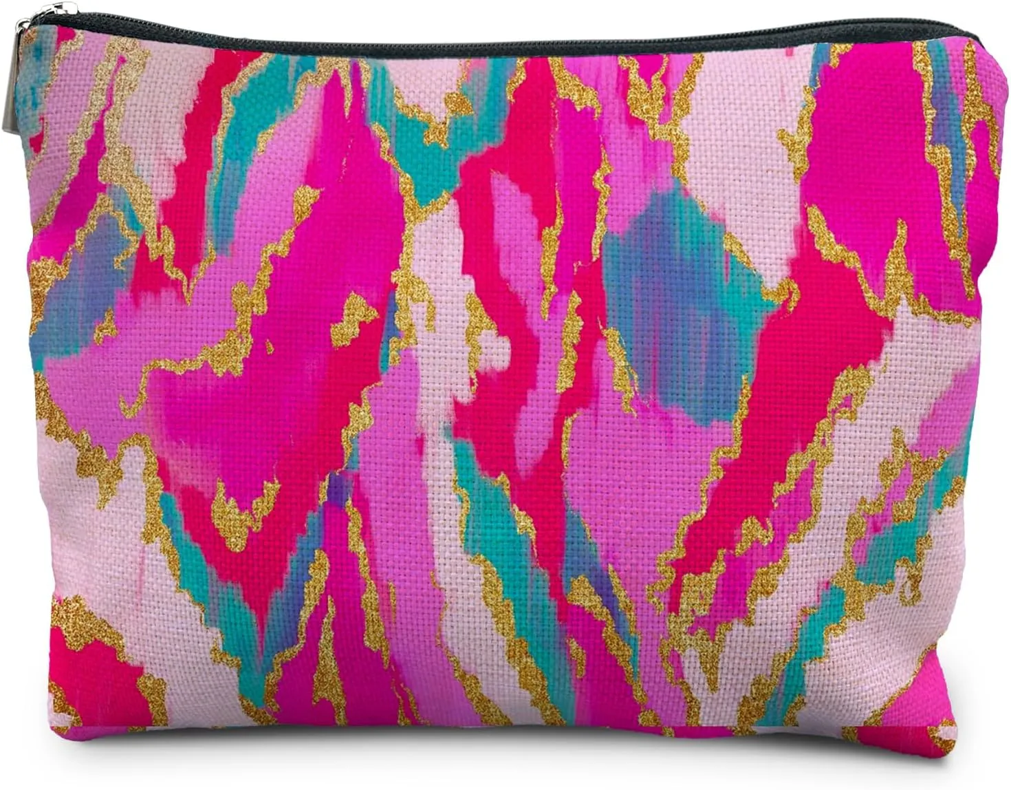 Hot Pink Teal Gold Painting Cosmetic Bag, Colorful Marble Makeup Bag for Women, Preppy Makeup Bag, Toiletry Bag, Preppy Stuff, Aesthetic Makeup Bag, Preppy Gifts for Women, bright-colored