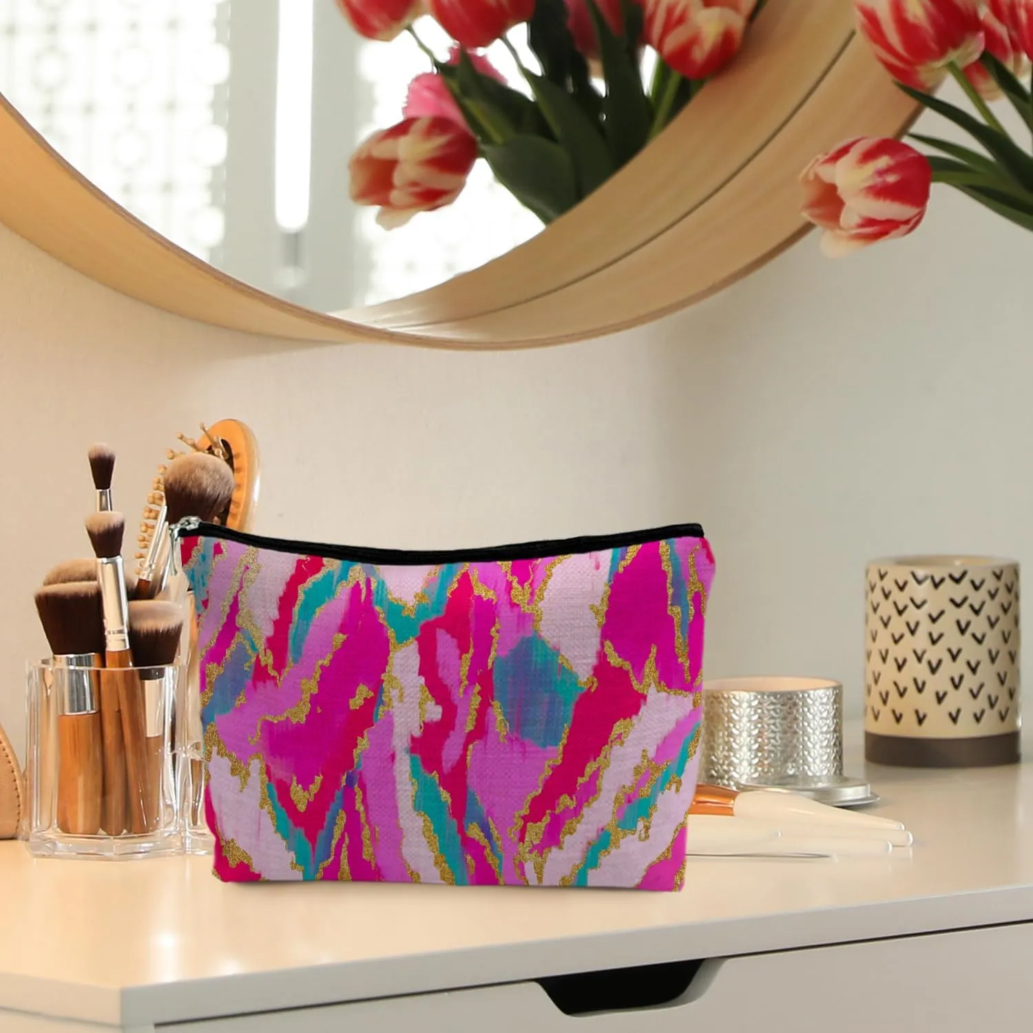 Hot Pink Teal Gold Painting Cosmetic Bag, Colorful Marble Makeup Bag for Women, Preppy Makeup Bag, Toiletry Bag, Preppy Stuff, Aesthetic Makeup Bag, Preppy Gifts for Women, bright-colored