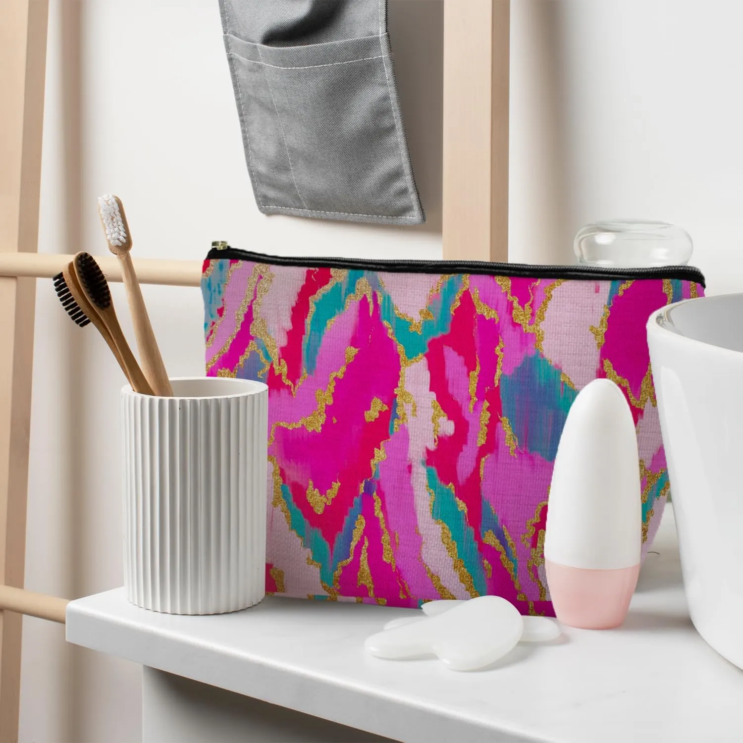Hot Pink Teal Gold Painting Cosmetic Bag, Colorful Marble Makeup Bag for Women, Preppy Makeup Bag, Toiletry Bag, Preppy Stuff, Aesthetic Makeup Bag, Preppy Gifts for Women, bright-colored