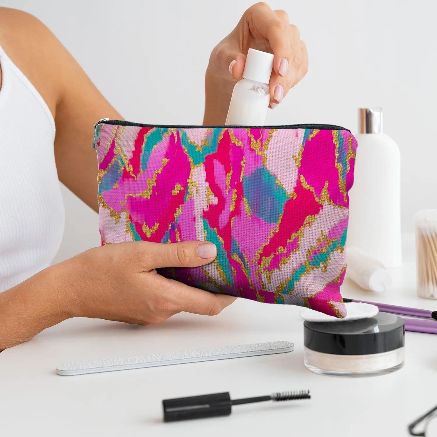 Hot Pink Teal Gold Painting Cosmetic Bag, Colorful Marble Makeup Bag for Women, Preppy Makeup Bag, Toiletry Bag, Preppy Stuff, Aesthetic Makeup Bag, Preppy Gifts for Women, bright-colored