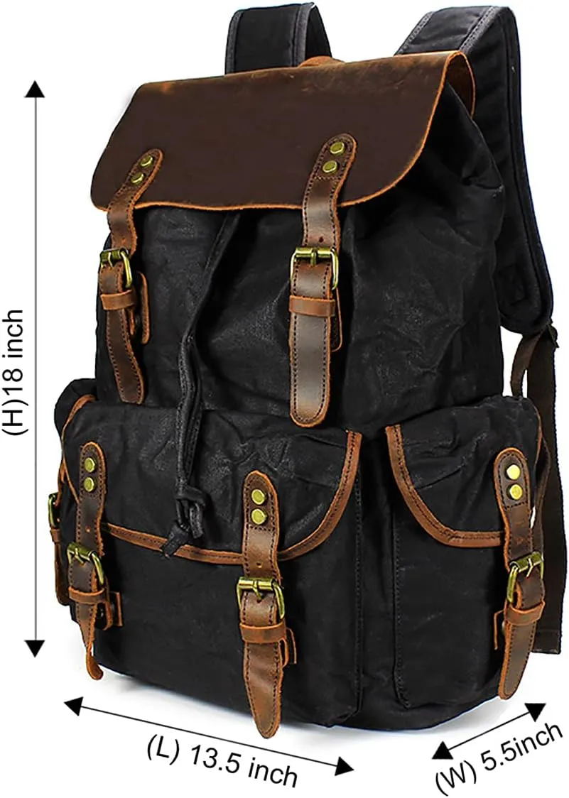 HuaChen Leather Backpack for Men,Waxed Canvas Shoulder Rucksack for Travel Laptop School