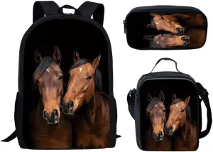 HUGS IDEA 3-Piece Kid Backpack Black Horse School Bags Set Cute 3 in 1 Backpack Schoolbag with Lunch Box and Pencil Case for Girls Boys