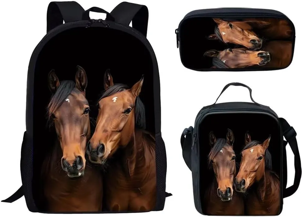 HUGS IDEA 3-Piece Kid Backpack Black Horse School Bags Set Cute 3 in 1 Backpack Schoolbag with Lunch Box and Pencil Case for Girls Boys