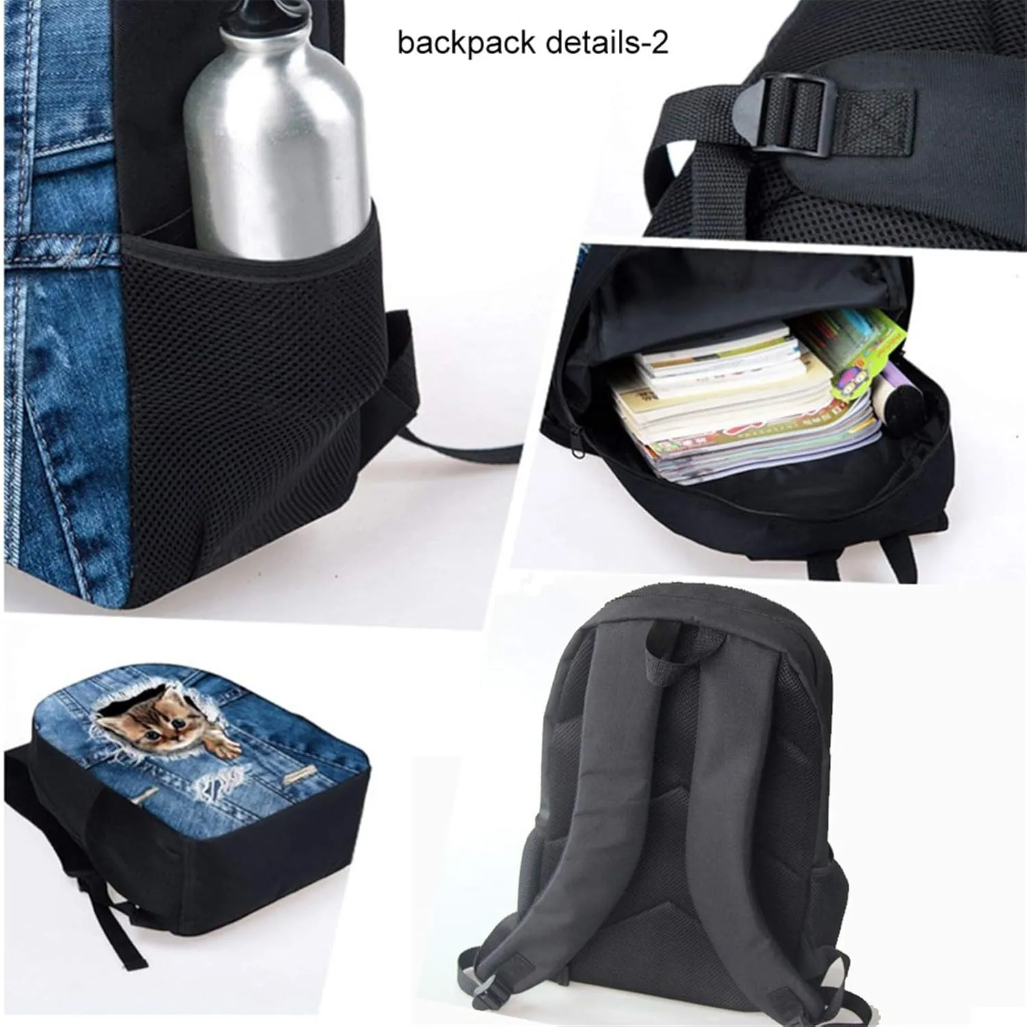 HUGS IDEA 3-Piece Kid Backpack Black Horse School Bags Set Cute 3 in 1 Backpack Schoolbag with Lunch Box and Pencil Case for Girls Boys
