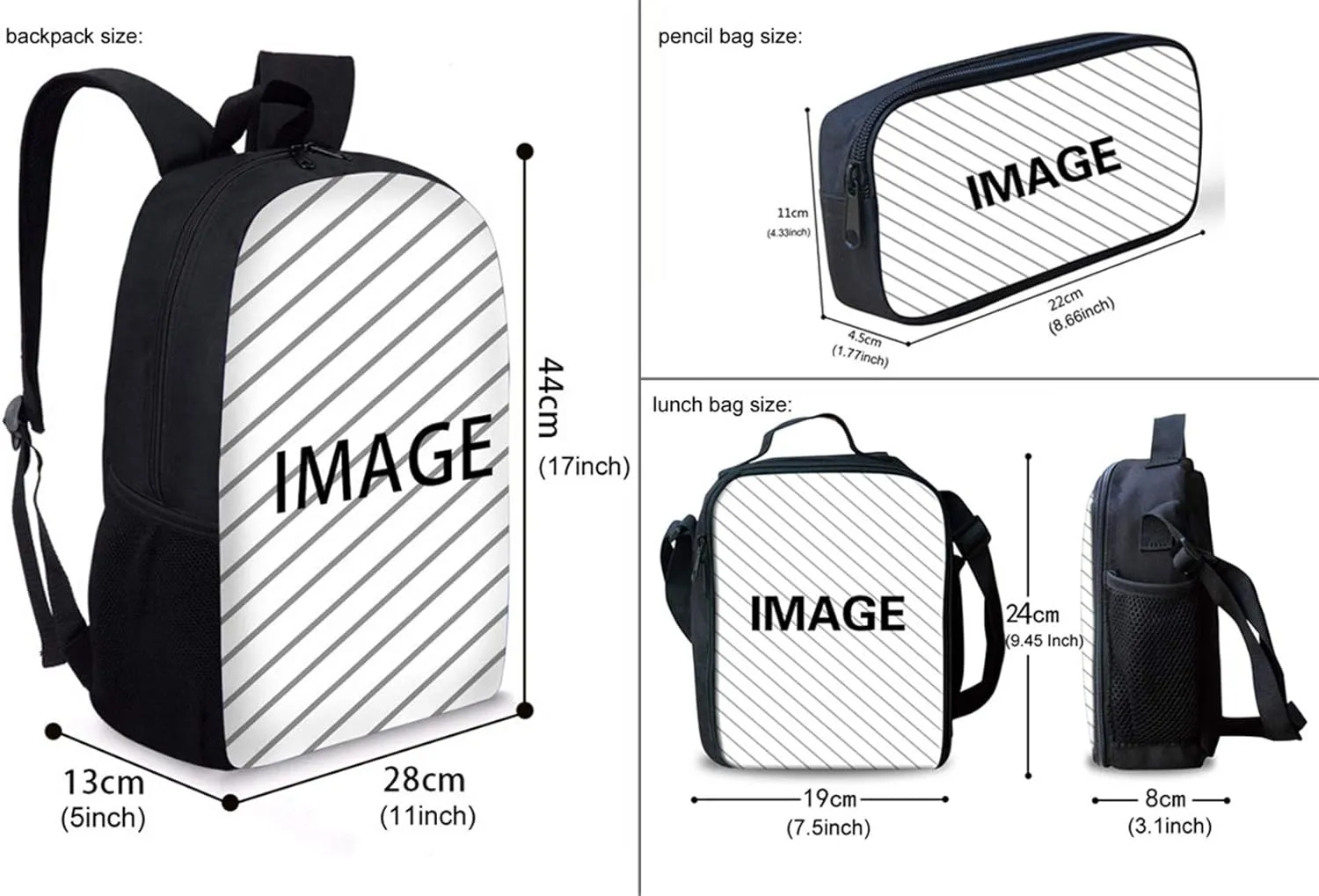 HUGS IDEA 3-Piece Kid Backpack Black Horse School Bags Set Cute 3 in 1 Backpack Schoolbag with Lunch Box and Pencil Case for Girls Boys