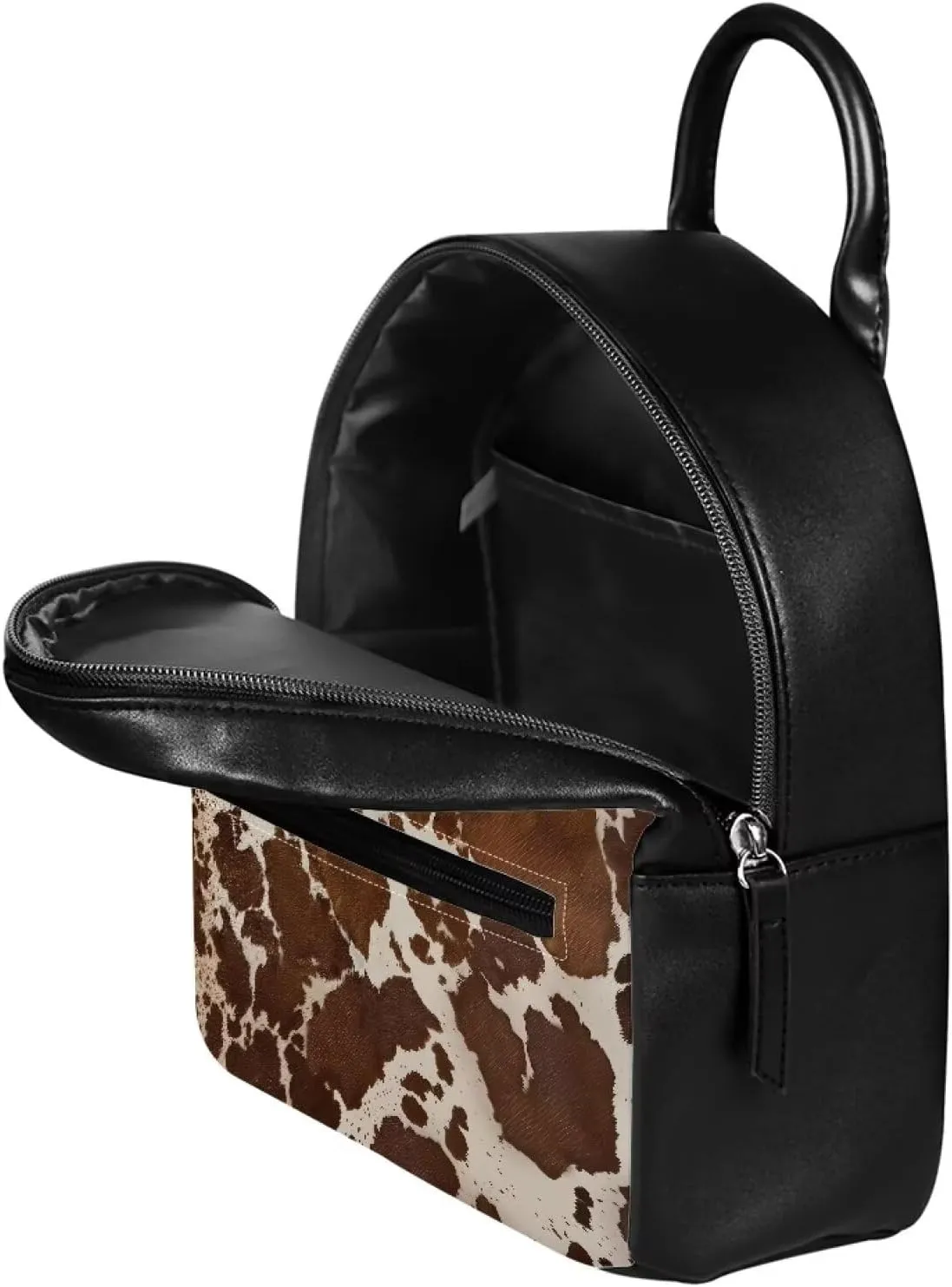 HUGS IDEA Brown Cow Print Small Leather Backpack Purse for Women Cute Mini Shoulder Daypack with Adjustable Straps Multipurpose Pouch