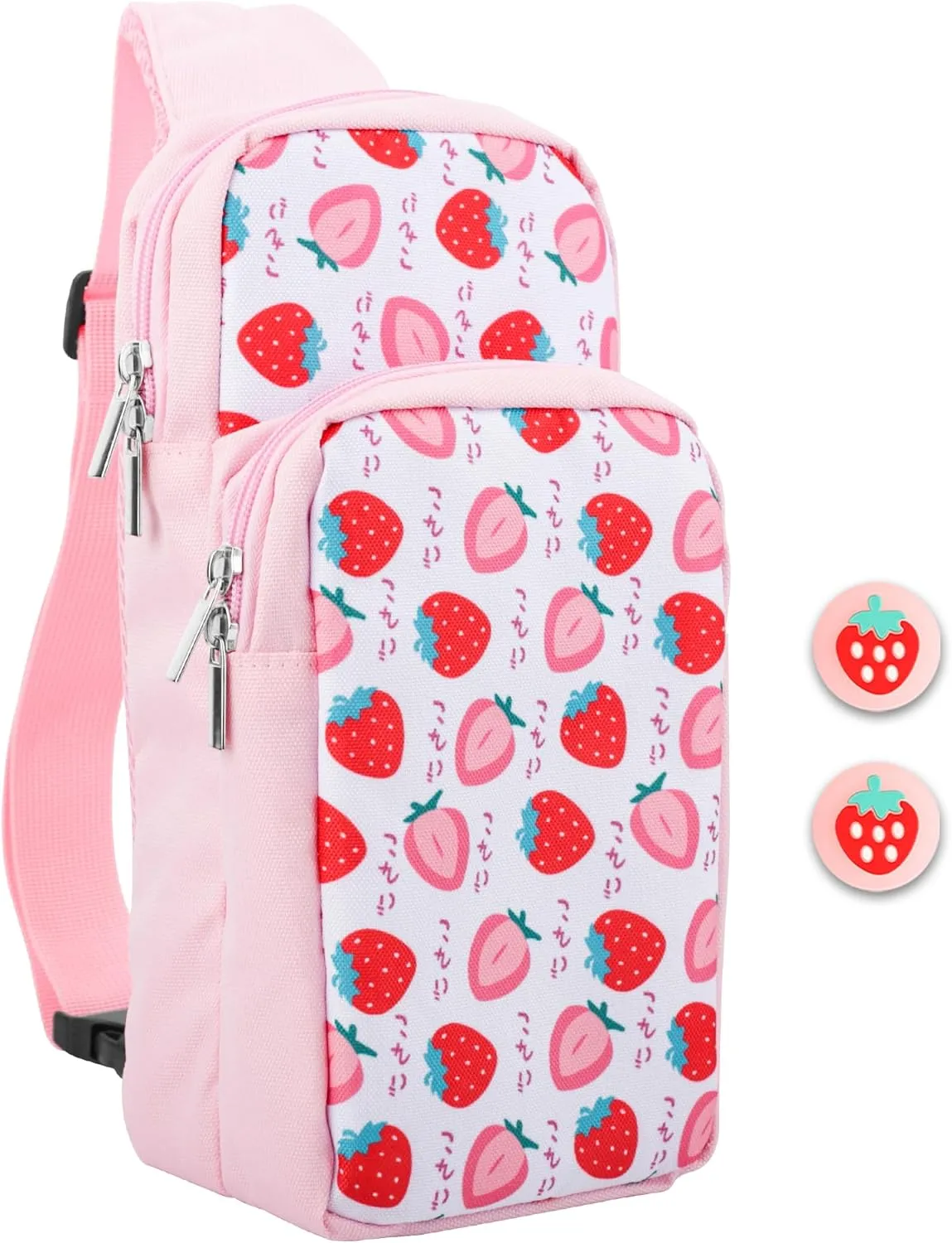 HYPERCASE Pink Strawberry Carrying Travel Bag for Nintendo Switch/OLED/Lite, Cute Sling Crossbody Backpack with 2 Pockets for Switch Console, Dock, Joycon & Accessories Storage with 2 Thump Caps