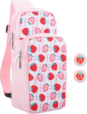 HYPERCASE Pink Strawberry Carrying Travel Bag for Nintendo Switch/OLED/Lite, Cute Sling Crossbody Backpack with 2 Pockets for Switch Console, Dock, Joycon & Accessories Storage with 2 Thump Caps