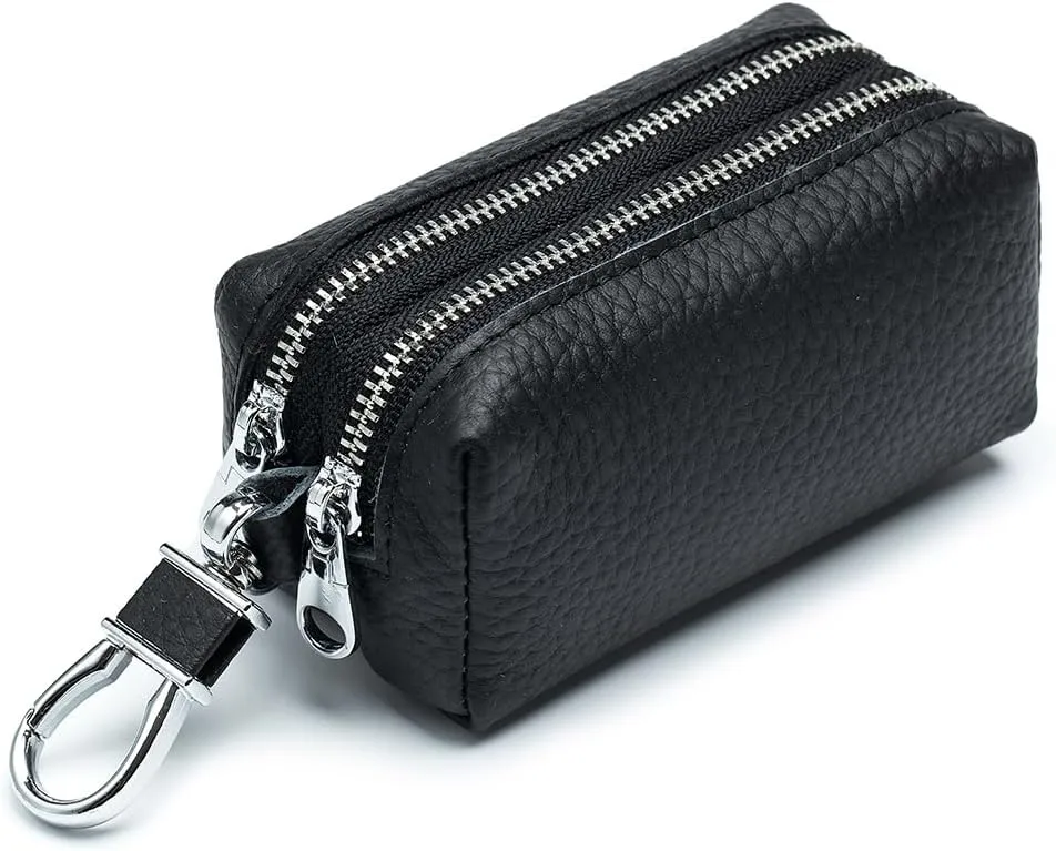 imeetu Leather Big Coin Purse, Change Pouch with 2 Keychain & 2 Zipper Pockets for Women(Black)
