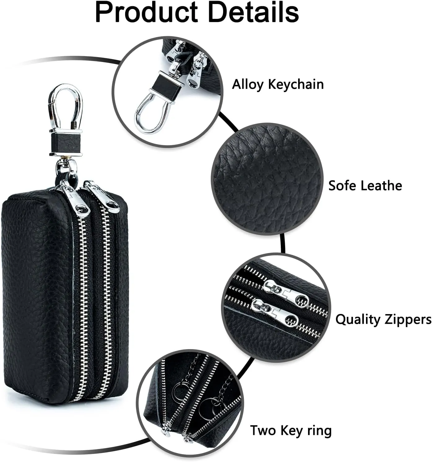 imeetu Leather Big Coin Purse, Change Pouch with 2 Keychain & 2 Zipper Pockets for Women(Black)