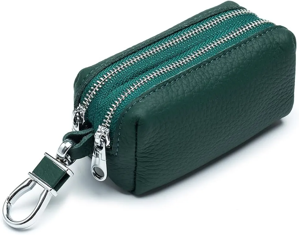 imeetu Leather Big Coin Purse, Change Pouch with 2 Keychain & 2 Zipper Pockets for Women(Dark Green)