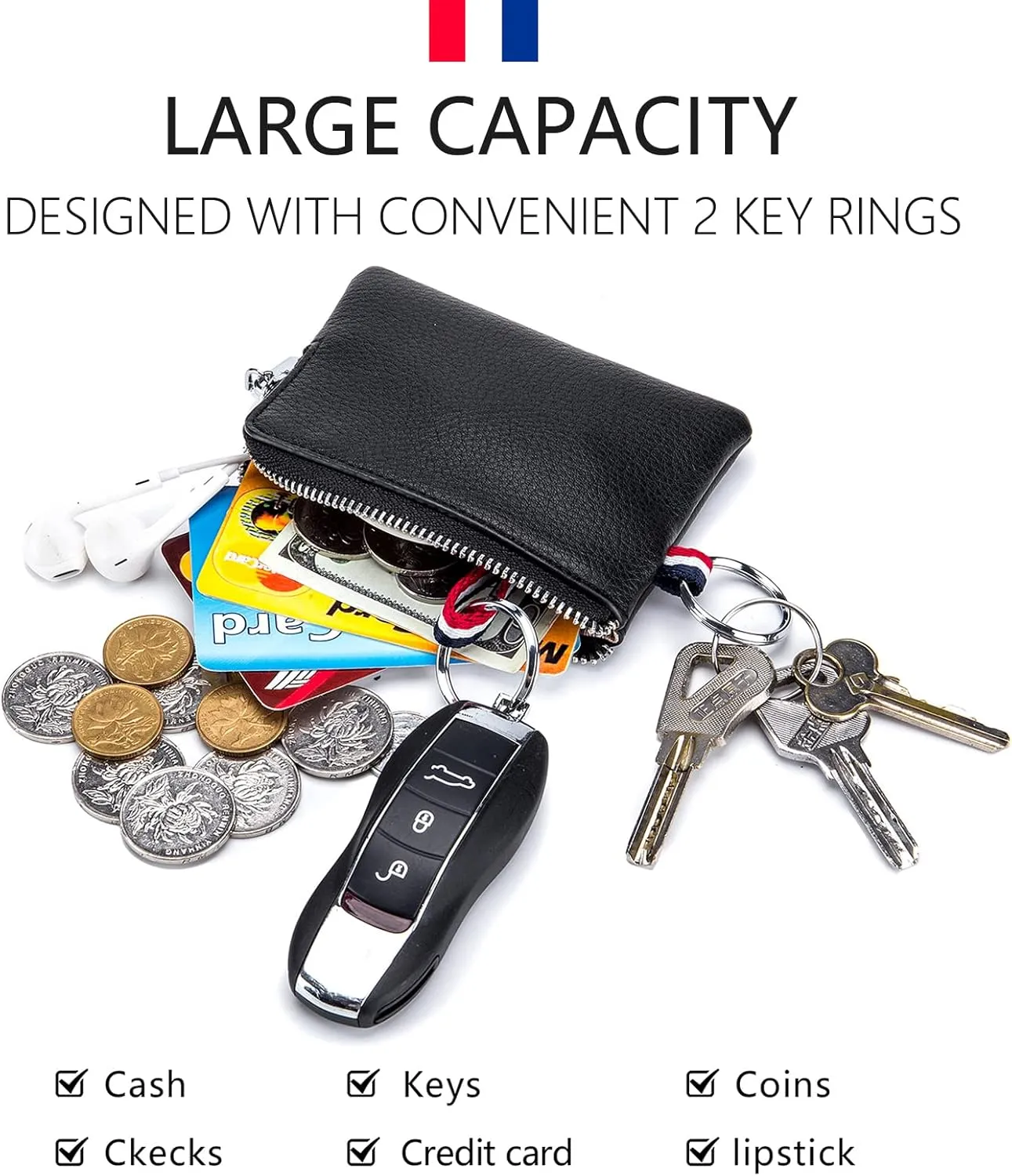 imeetu Leather Coin Purse Wallet, Mini Dual Keyrings Change Pouch Card Holder for Men Women (Blue, standard)
