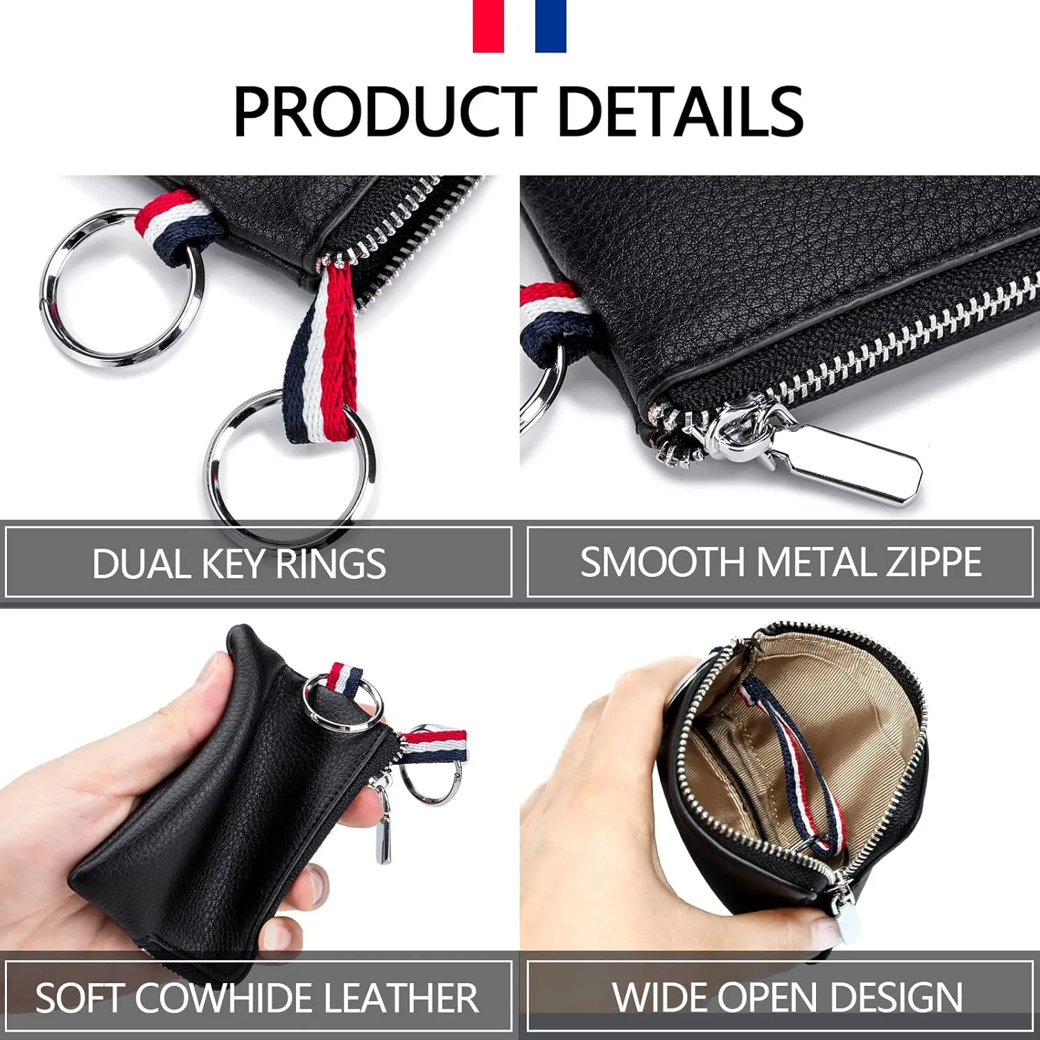imeetu Leather Coin Purse Wallet, Mini Dual Keyrings Change Pouch Card Holder for Men Women (Blue, standard)