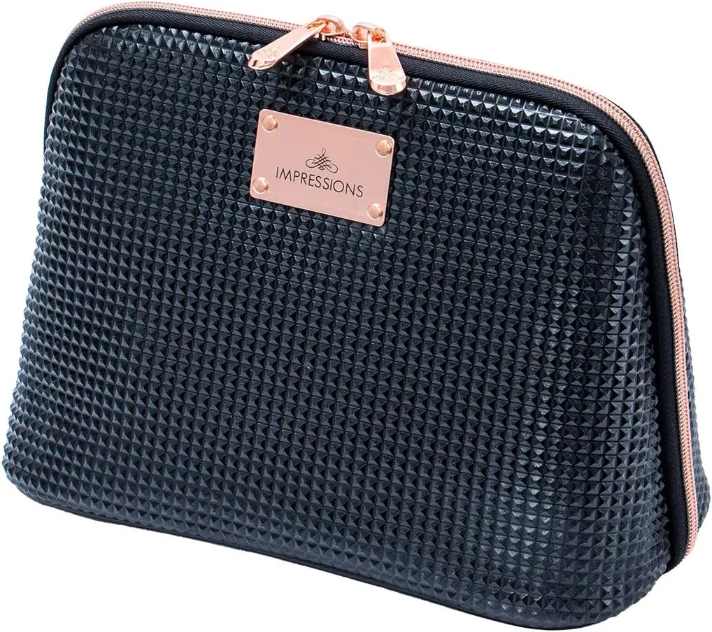 Impressions Vanity Raven Cosmetic Travel Bag, Makeup Bag for Travel with Mini Pyramid Style Faux Leather, Waterproof Pouch Organizer Bag for Makeup and Cosmetics and Travel Friendly (Black)