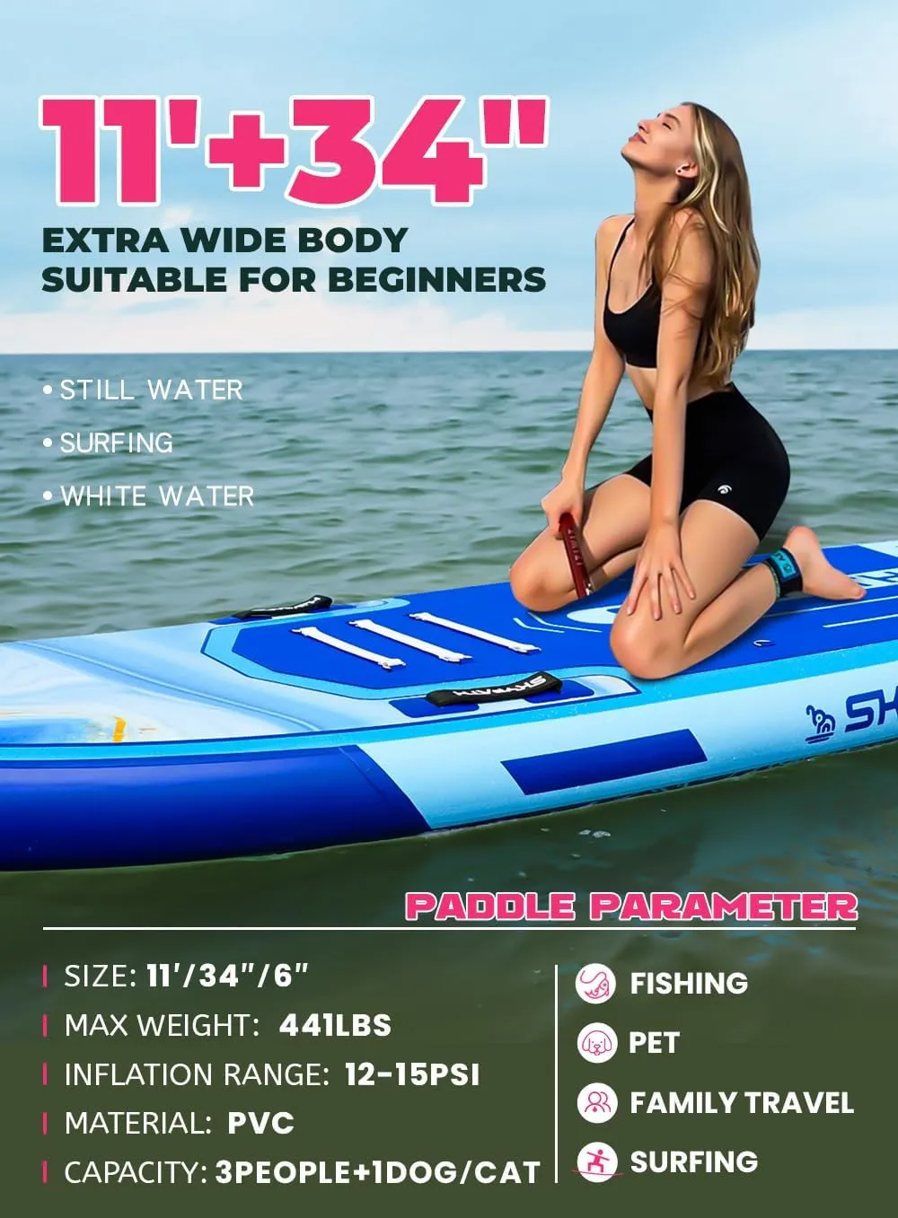 Inflatable Stand Up Paddle Board,10'6''*32''/11'*34'' Ultra-Light SUP Board,Blow Up Paddle Board, Wide Stable Family Board for Youth & Adults of All Skill Levels with Full Set of SUP Board Accessories