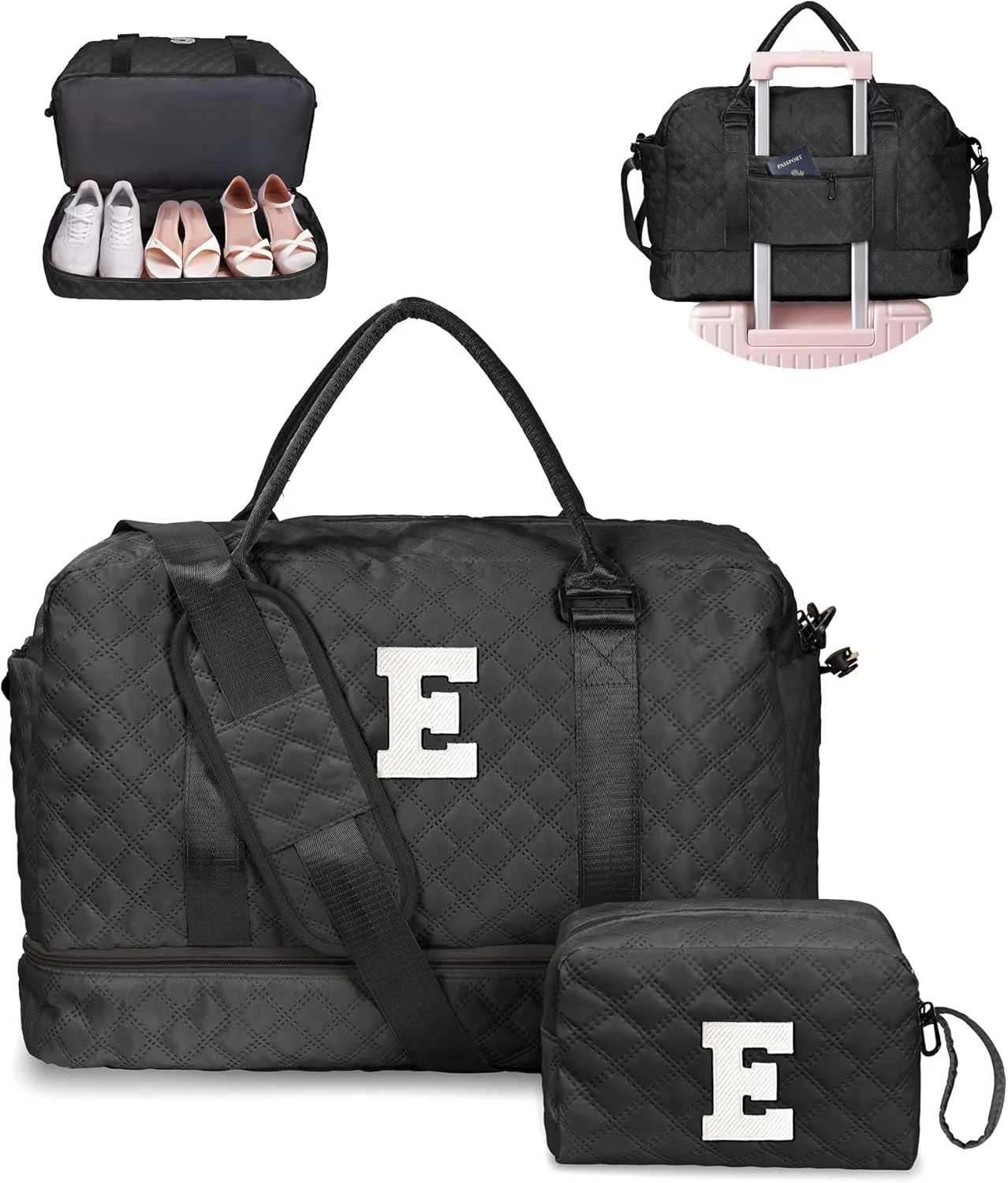 Initial Duffle Bag with Shoe Compartment, Personalized Weekender Bag with Shoulder Strap, Overnight Bag for Women with Trolley Sleeve & Wet Pocket,Travel Bag with Makeup Bag (Letter E)