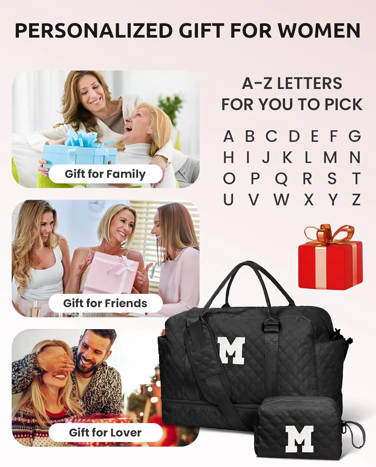 Initial Duffle Bag with Shoe Compartment, Personalized Weekender Bag with Shoulder Strap, Overnight Bag for Women with Trolley Sleeve & Wet Pocket,Travel Bag with Makeup Bag (Letter E)