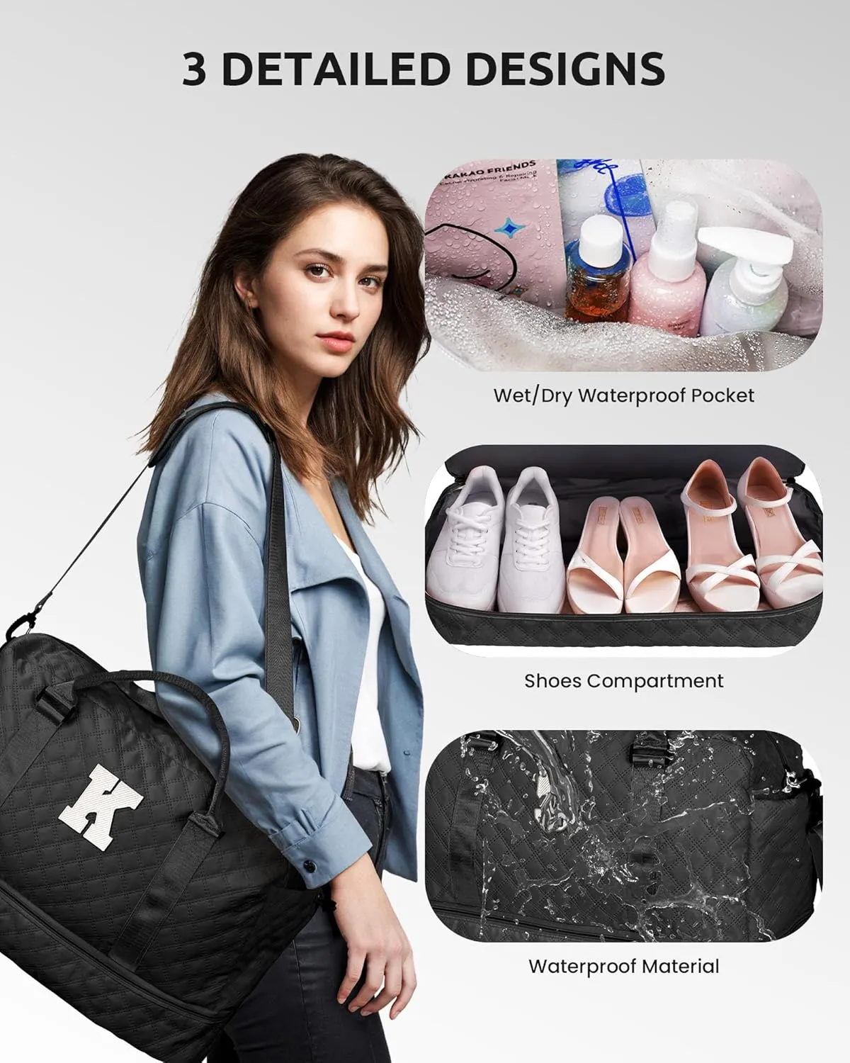 Initial Duffle Bag with Shoe Compartment, Personalized Weekender Bag with Shoulder Strap, Overnight Bag for Women with Trolley Sleeve & Wet Pocket,Travel Bag with Makeup Bag (Letter E)