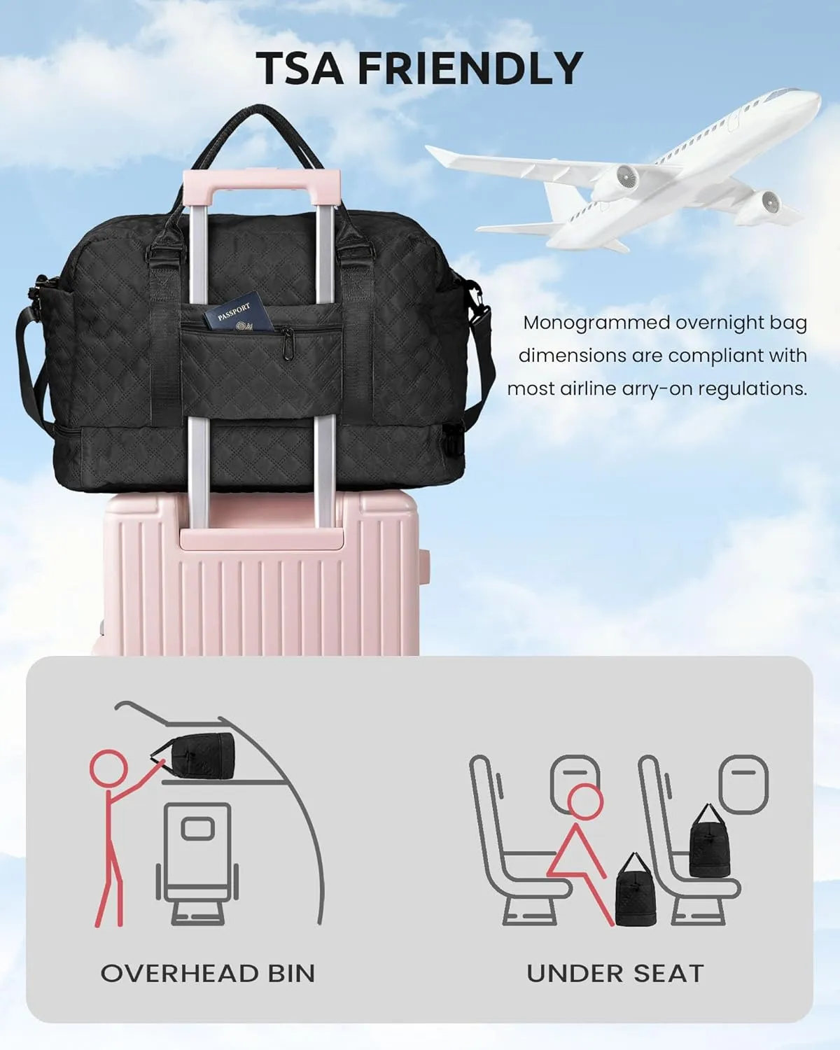 Initial Duffle Bag with Shoe Compartment, Personalized Weekender Bag with Shoulder Strap, Overnight Bag for Women with Trolley Sleeve & Wet Pocket,Travel Bag with Makeup Bag (Letter E)