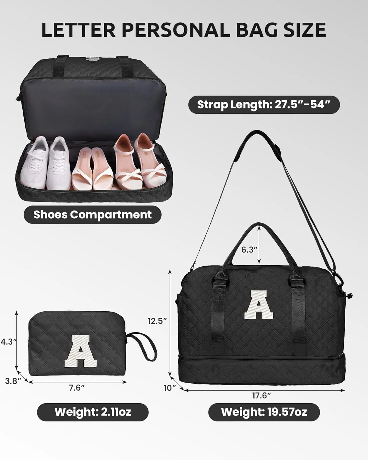 Initial Duffle Bag with Shoe Compartment, Personalized Weekender Bag with Shoulder Strap, Overnight Bag for Women with Trolley Sleeve & Wet Pocket,Travel Bag with Makeup Bag (Letter E)