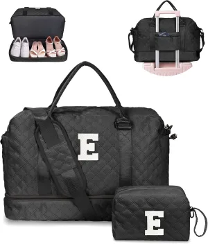 Initial Duffle Bag with Shoe Compartment, Personalized Weekender Bag with Shoulder Strap, Overnight Bag for Women with Trolley Sleeve & Wet Pocket,Travel Bag with Makeup Bag (Letter E)