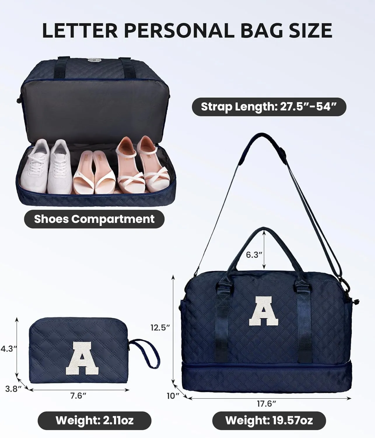 Initial Duffle With Shoe Compartment, Personalized Weekender, Monogram Overnight Bag for Women With Trolley Sleeve & Wet Pocket, Letter Travel Bag With Makeup Bag (Letter D)