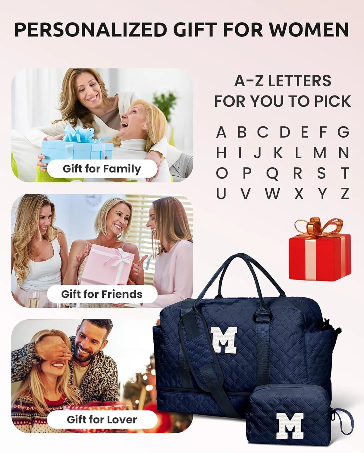 Initial Duffle With Shoe Compartment, Personalized Weekender, Monogram Overnight Bag for Women With Trolley Sleeve & Wet Pocket, Letter Travel Bag With Makeup Bag (Letter D)