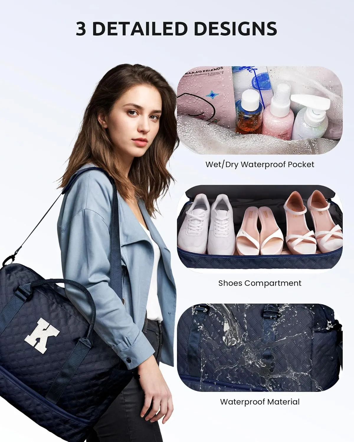 Initial Duffle With Shoe Compartment, Personalized Weekender, Monogram Overnight Bag for Women With Trolley Sleeve & Wet Pocket, Letter Travel Bag With Makeup Bag (Letter D)