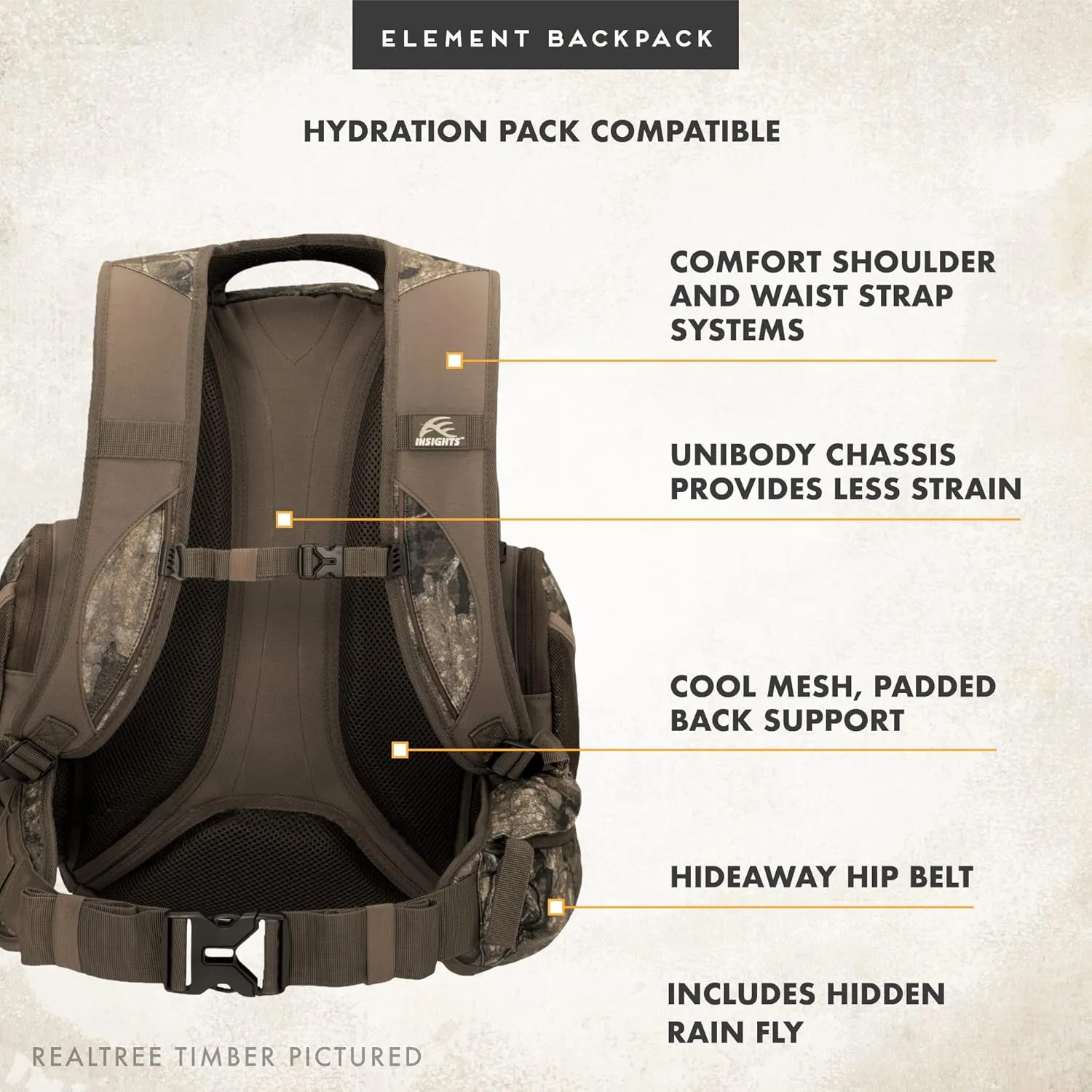 Insights Hunting by frogg toggs- The Element, Heavy Duty 1,831 Cubic Inch Hiking Fishing Camping Hunting Backpack