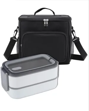 Insulated Lunch Bag and Lunch Box Set for Adults/Men/Women - 10L Large Thermal Leak-Proof Oxford Lunch Bag for Work/Picnic/Travel (Black), 2-Layer Bento Box (White) (black and white)