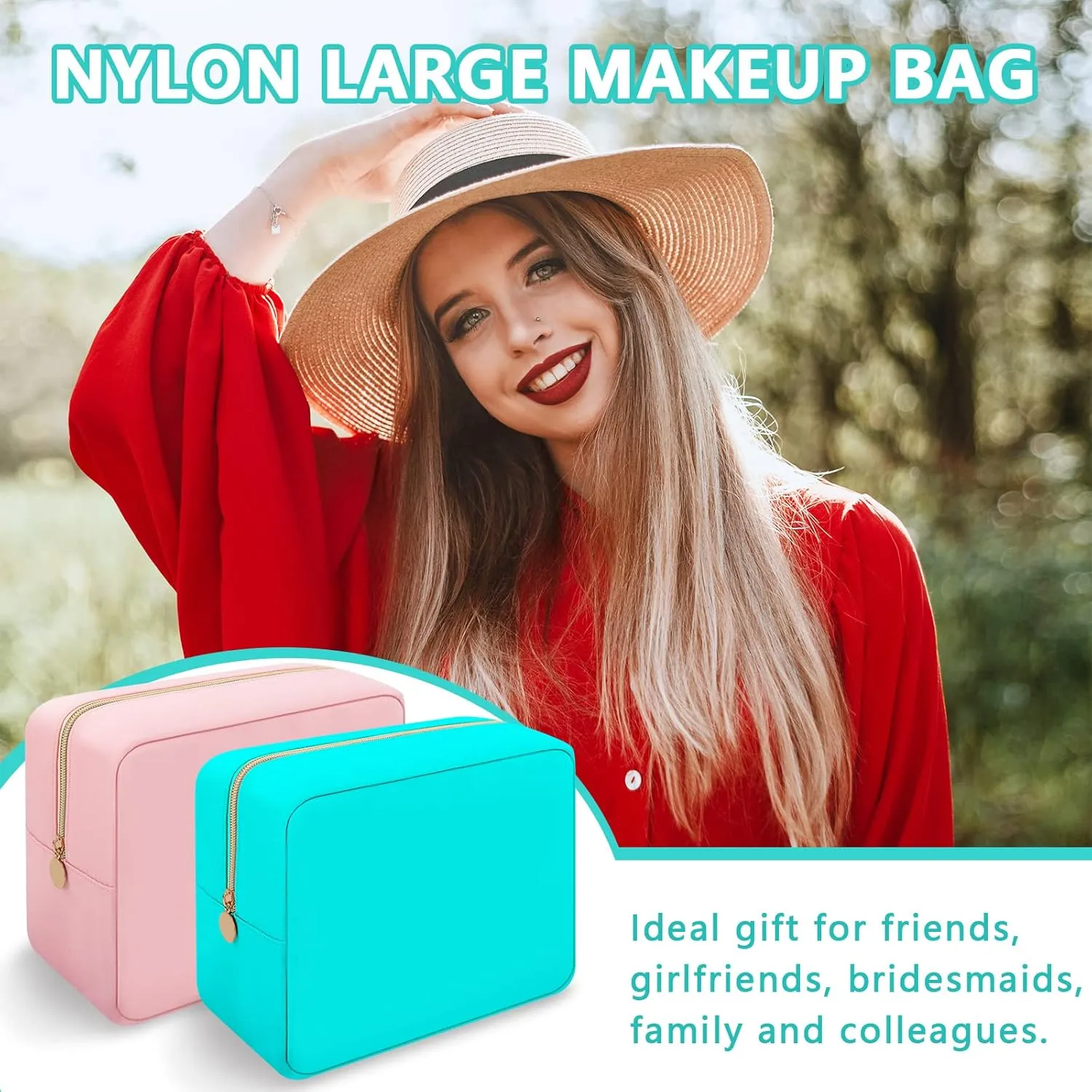 Iqimott Nylon Large Makeup Bag Travel Pouch, Preppy Big Cosmetic Bag Makeup Organizer Nylon Large Capacity Toiletry Bag, Waterproof Large Zipper Pouch Storage Bag for Women Girls Teens(Cyan)