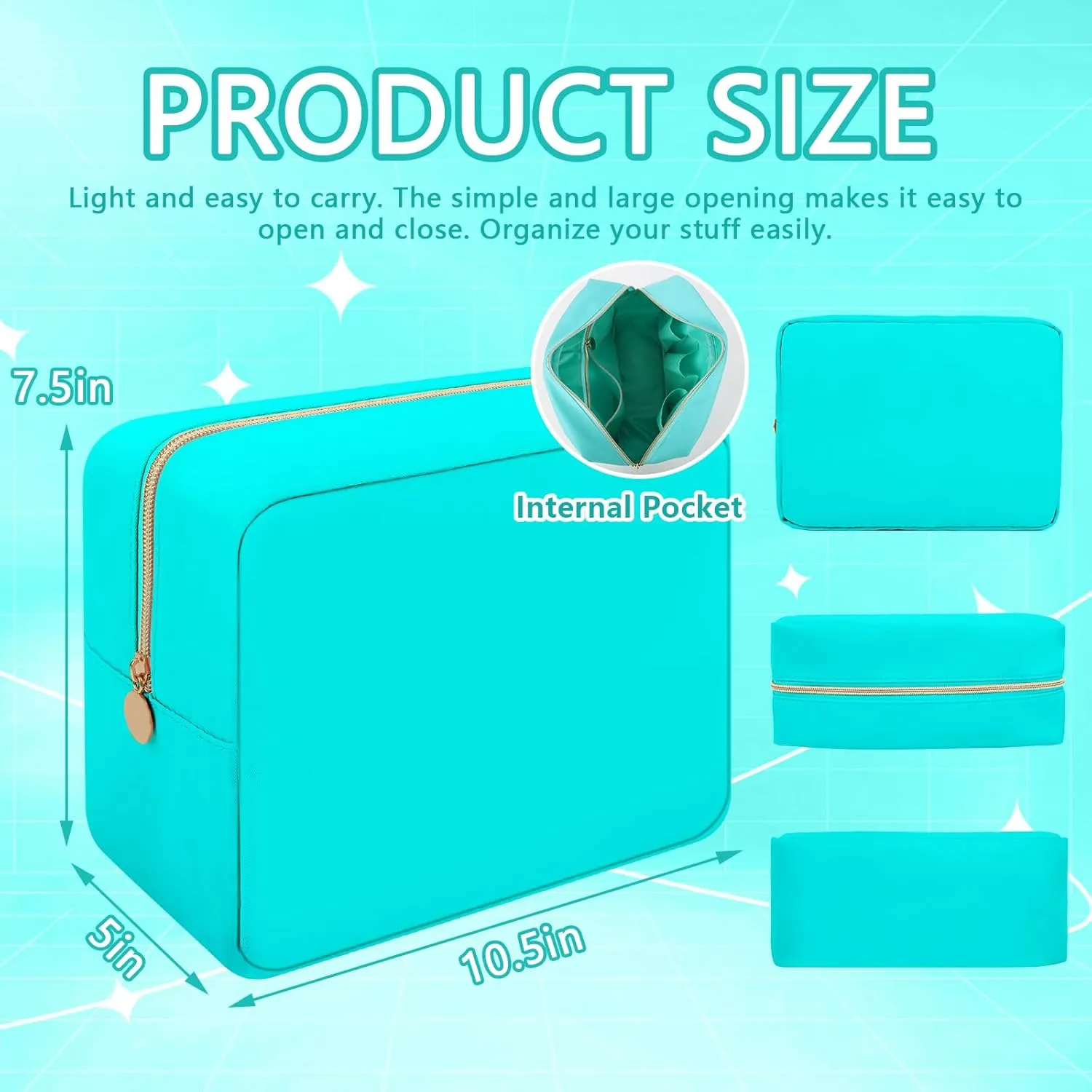 Iqimott Nylon Large Makeup Bag Travel Pouch, Preppy Big Cosmetic Bag Makeup Organizer Nylon Large Capacity Toiletry Bag, Waterproof Large Zipper Pouch Storage Bag for Women Girls Teens(Cyan)