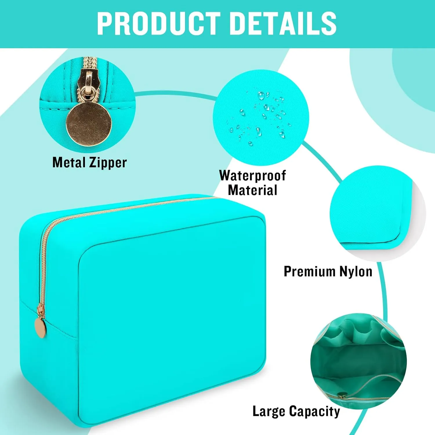 Iqimott Nylon Large Makeup Bag Travel Pouch, Preppy Big Cosmetic Bag Makeup Organizer Nylon Large Capacity Toiletry Bag, Waterproof Large Zipper Pouch Storage Bag for Women Girls Teens(Cyan)