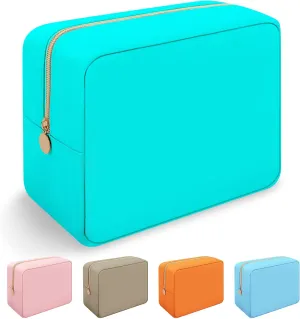 Iqimott Nylon Large Makeup Bag Travel Pouch, Preppy Big Cosmetic Bag Makeup Organizer Nylon Large Capacity Toiletry Bag, Waterproof Large Zipper Pouch Storage Bag for Women Girls Teens(Cyan)