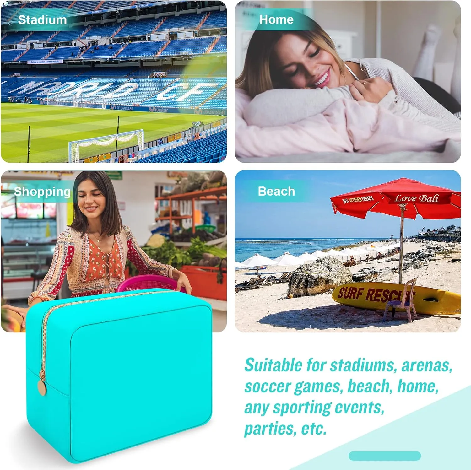 Iqimott Nylon Large Makeup Bag Travel Pouch, Preppy Big Cosmetic Bag Makeup Organizer Nylon Large Capacity Toiletry Bag, Waterproof Large Zipper Pouch Storage Bag for Women Girls Teens(Cyan)
