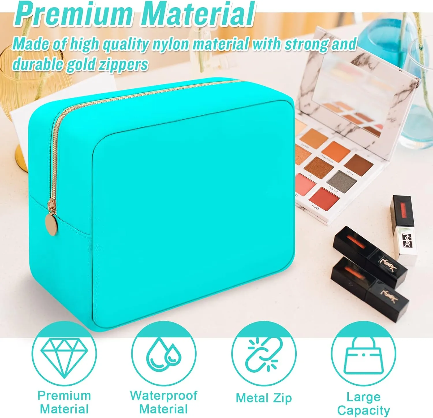 Iqimott Nylon Large Makeup Bag Travel Pouch, Preppy Big Cosmetic Bag Makeup Organizer Nylon Large Capacity Toiletry Bag, Waterproof Large Zipper Pouch Storage Bag for Women Girls Teens(Cyan)