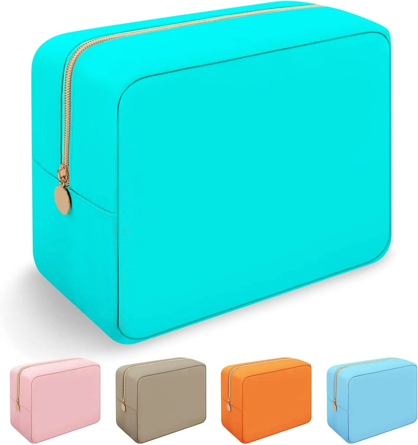 Iqimott Nylon Large Makeup Bag Travel Pouch, Preppy Big Cosmetic Bag Makeup Organizer Nylon Large Capacity Toiletry Bag, Waterproof Large Zipper Pouch Storage Bag for Women Girls Teens(Cyan)