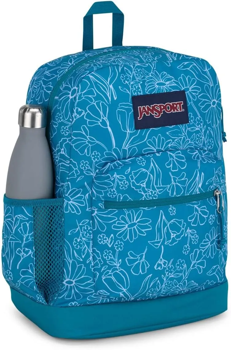 JanSport Cross Town Plus Backpack - Large Main Compartment, Side Water Bottle Pocket, 15-Inch Padded Laptop Sleeve - Delightful Daisies Green