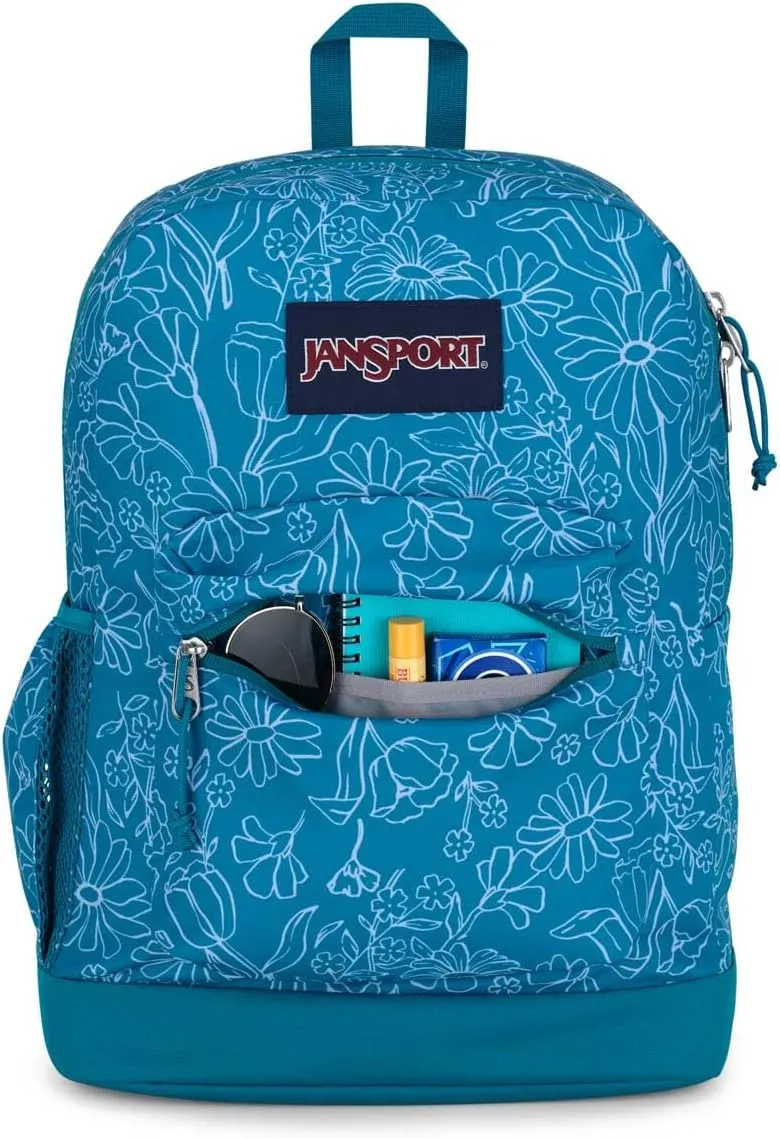 JanSport Cross Town Plus Backpack - Large Main Compartment, Side Water Bottle Pocket, 15-Inch Padded Laptop Sleeve - Delightful Daisies Green