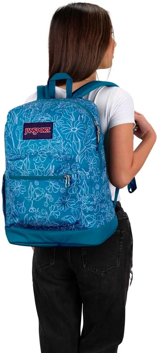 JanSport Cross Town Plus Backpack - Large Main Compartment, Side Water Bottle Pocket, 15-Inch Padded Laptop Sleeve - Delightful Daisies Green