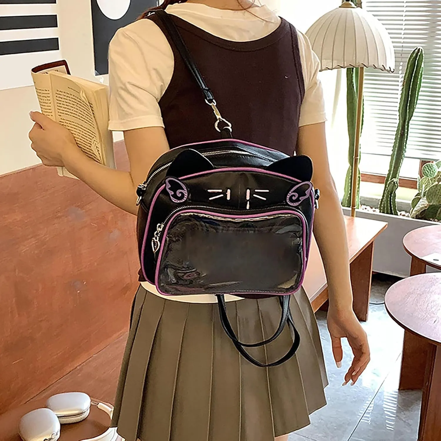 Japanese Anime Cats Itabag PU Backpack for Women and Teen Girls Pin Display Clear Crossbody Bag with Adjustable Straps