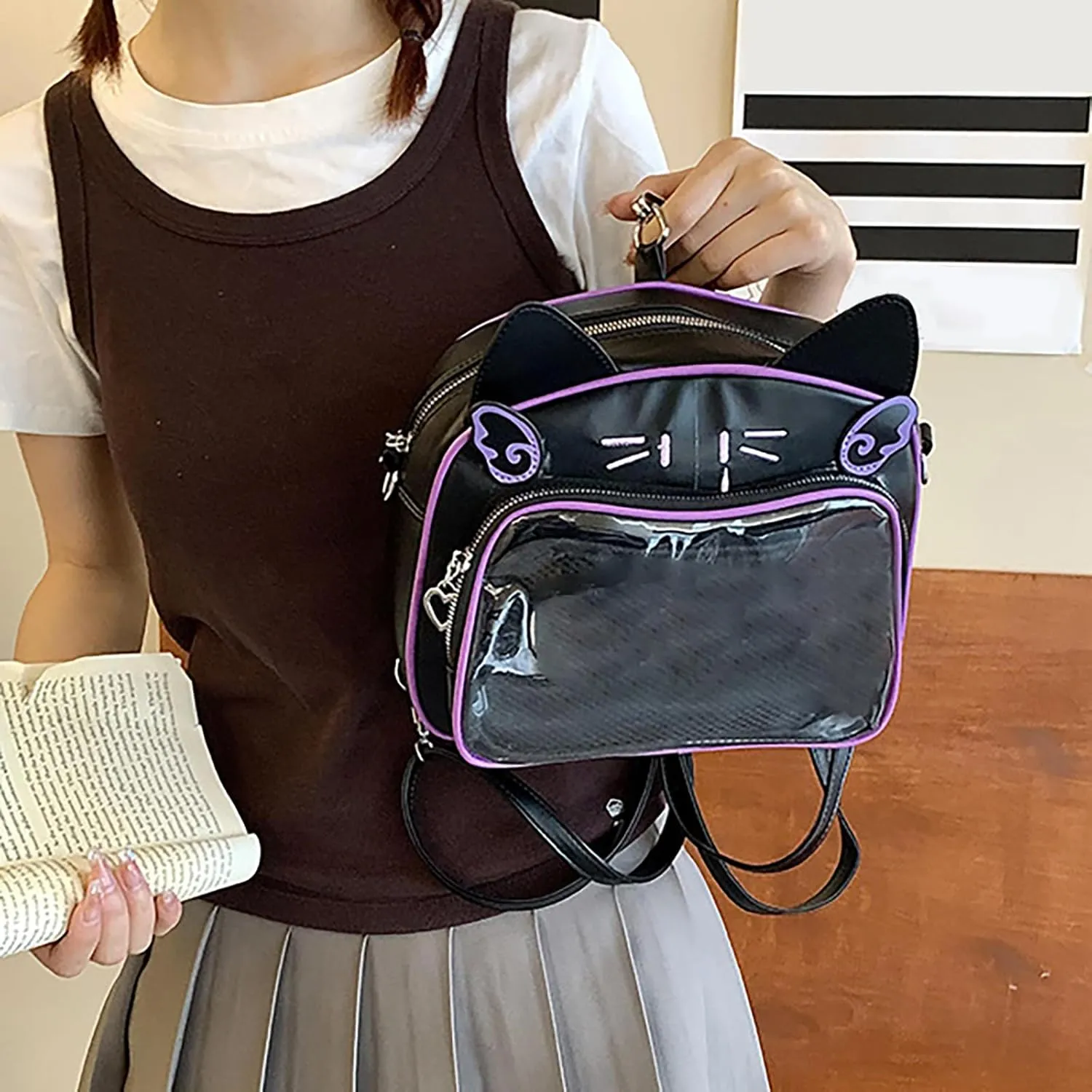 Japanese Anime Cats Itabag PU Backpack for Women and Teen Girls Pin Display Clear Crossbody Bag with Adjustable Straps