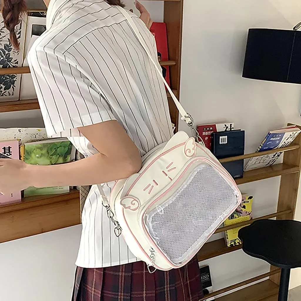 Japanese Anime Cats Itabag PU Backpack for Women and Teen Girls Pin Display Clear Crossbody Bag with Adjustable Straps
