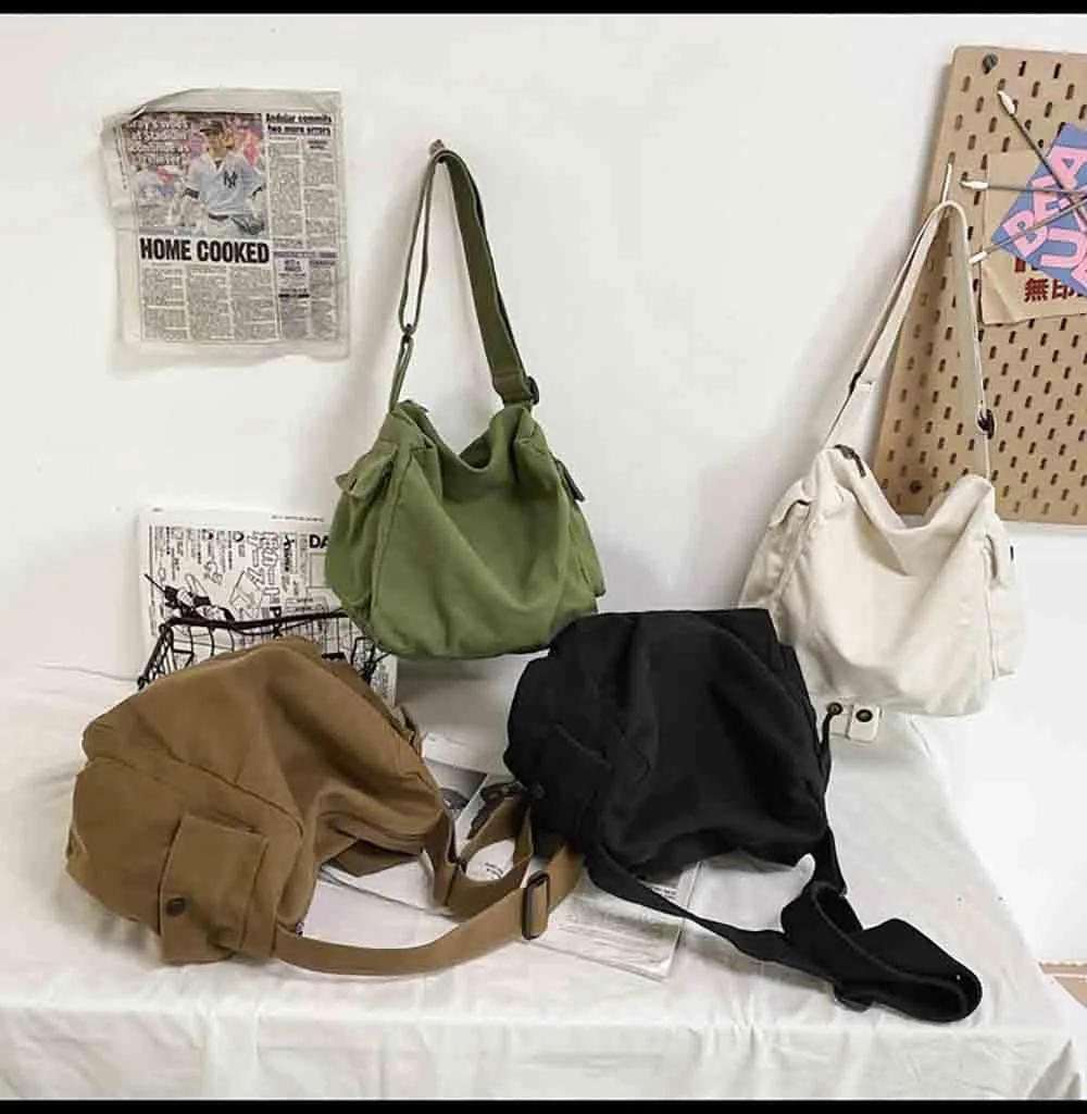 Japanese Literary Style Canvas Solid Color Shoulder Bag Harajuku Crossbody Bag ins Canvas Bag (green)