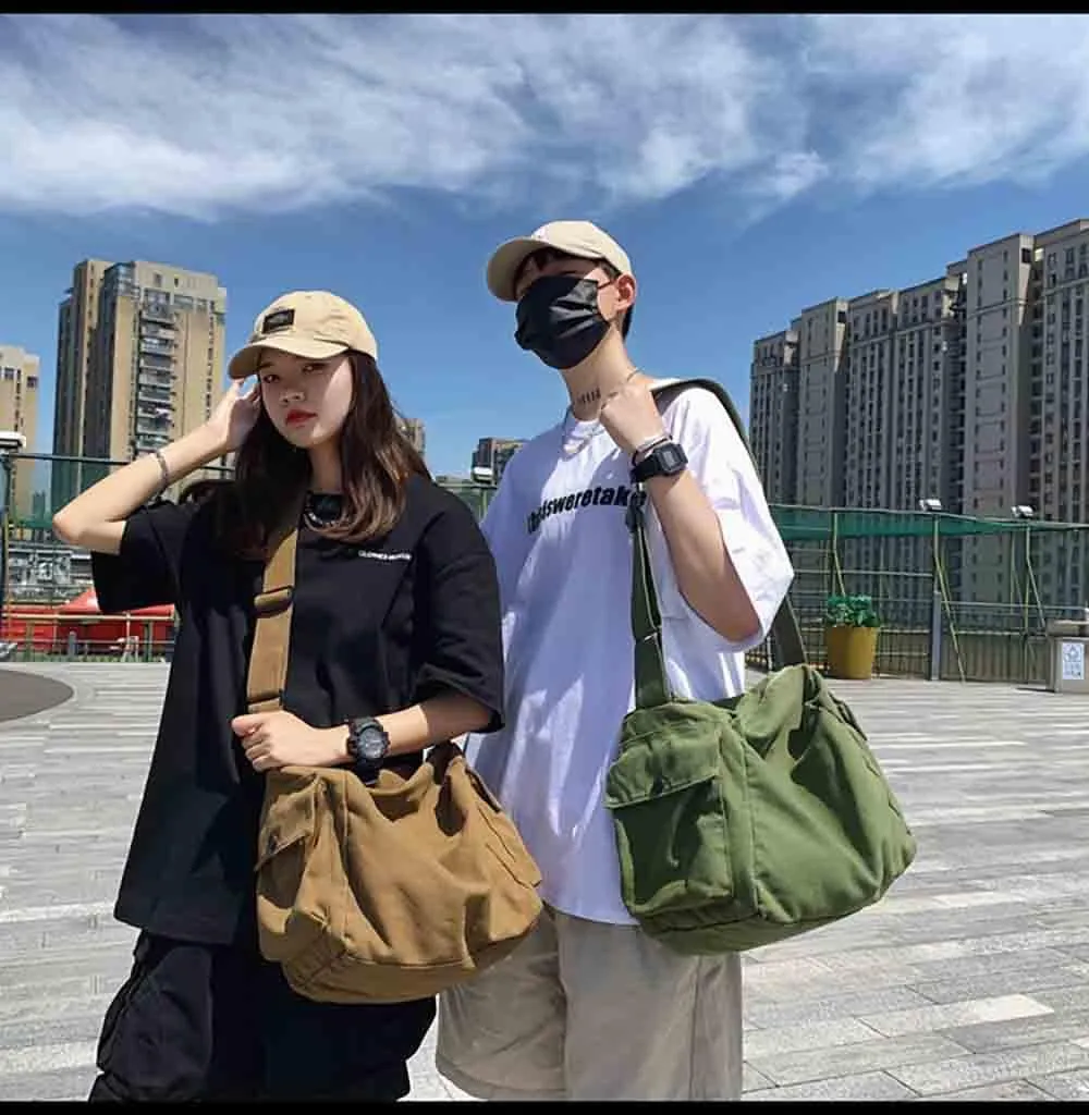 Japanese Literary Style Canvas Solid Color Shoulder Bag Harajuku Crossbody Bag ins Canvas Bag (green)