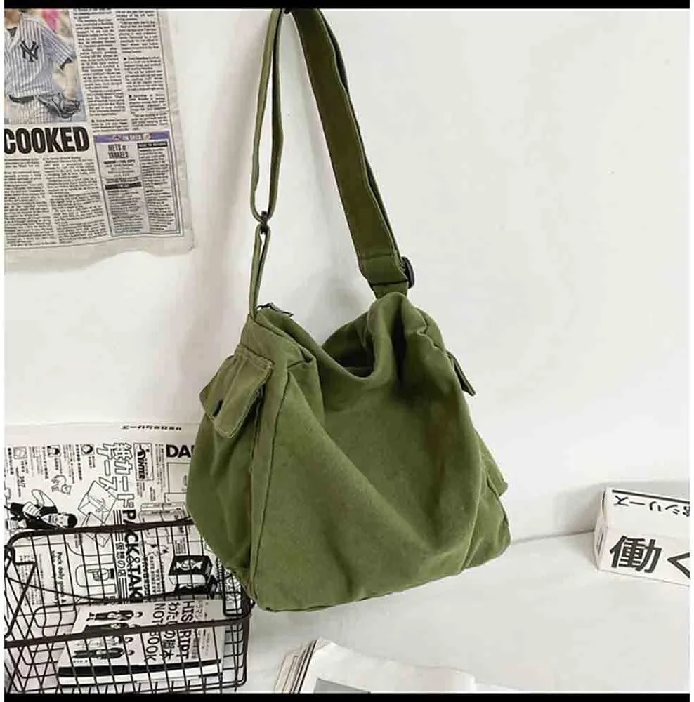 Japanese Literary Style Canvas Solid Color Shoulder Bag Harajuku Crossbody Bag ins Canvas Bag (green)